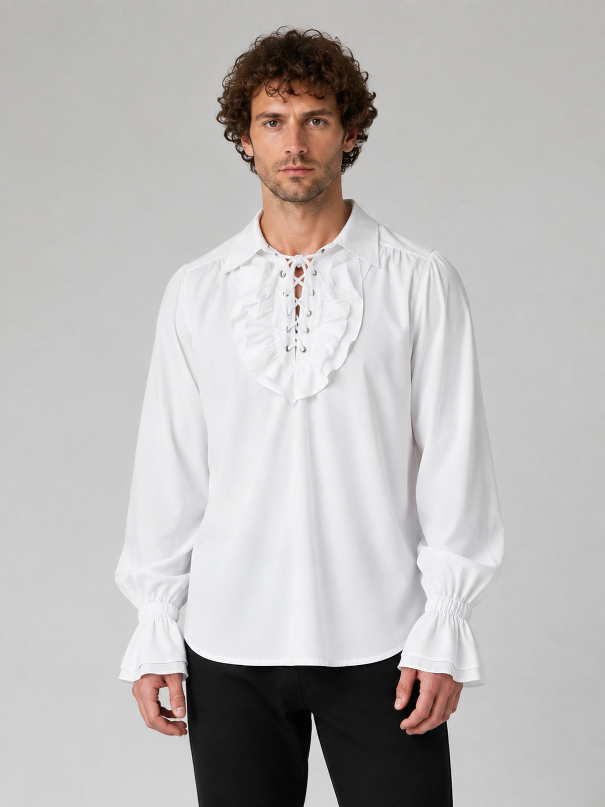 Chiffon Ruffle Blouse with Lacing and Long Sleeves on-model view