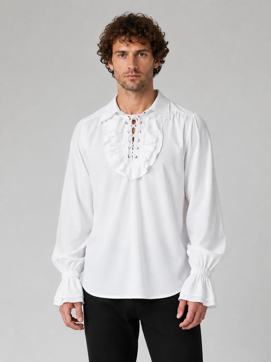 Chiffon Ruffle Blouse with Lacing and Long Sleeves on-model view