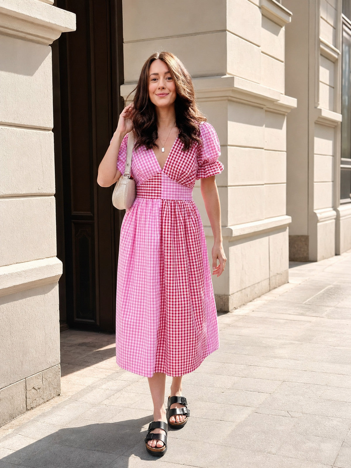 Pink and White Checkered Midi Dress with V-Neck main product view