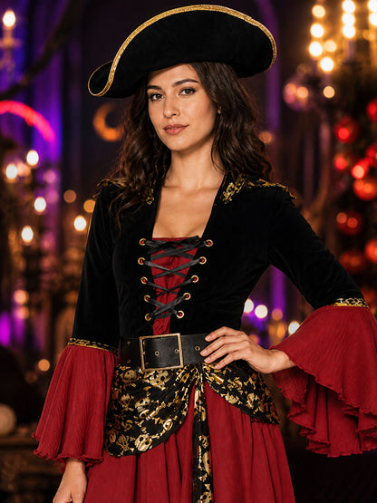 Women's Red and Black Pirate Halloween Costume Set, Lace-Up Top with Skull Print on-model view