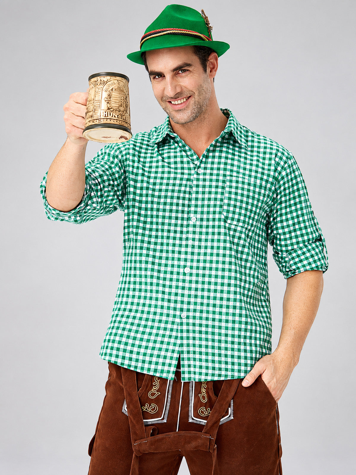 Green and White Plaid Shirt for Oktoberfest
