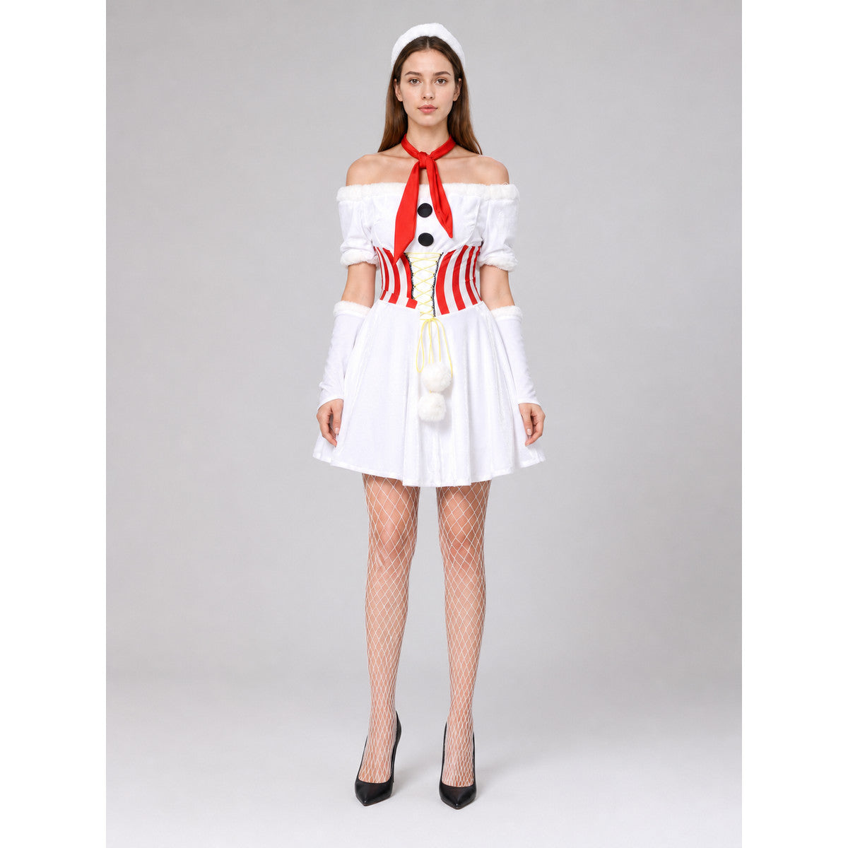 White Snowman Carnival Dress with Pom-Poms on-model view