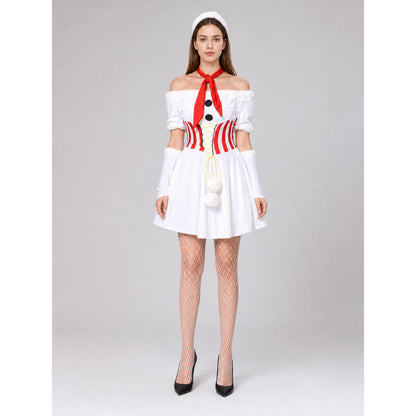 White Snowman Carnival Dress with Pom-Poms on-model view