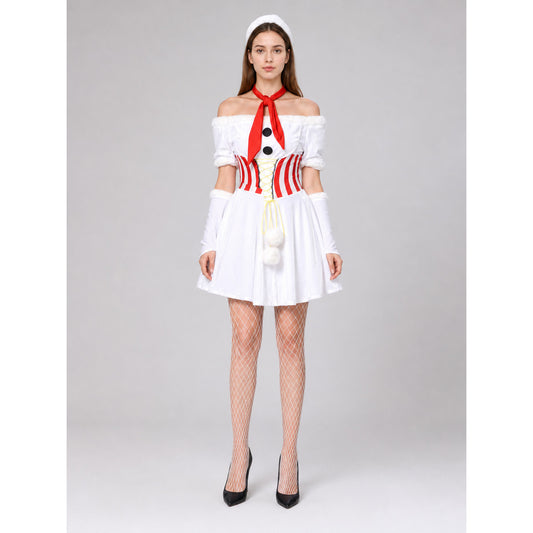 White Snowman Carnival Dress with Pom-Poms on-model view