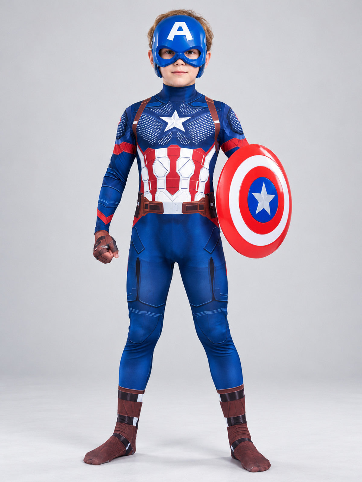 Superhero costume, red jumpsuit with mask and shield