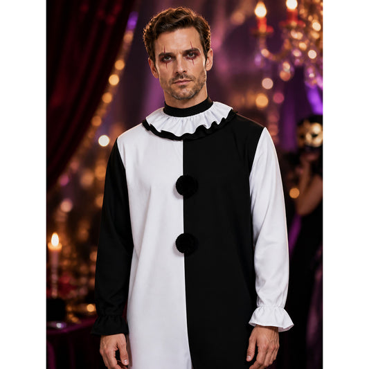 Unisex Clown Jumpsuit Costume, Black and White Split Design with Ruffled Collar on-model view