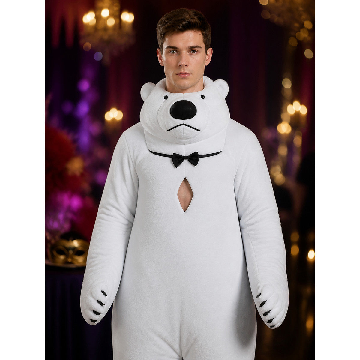 Adult Polar Bear Costume, White Animal Onesie with Black Bow Tie, Halloween on-model view