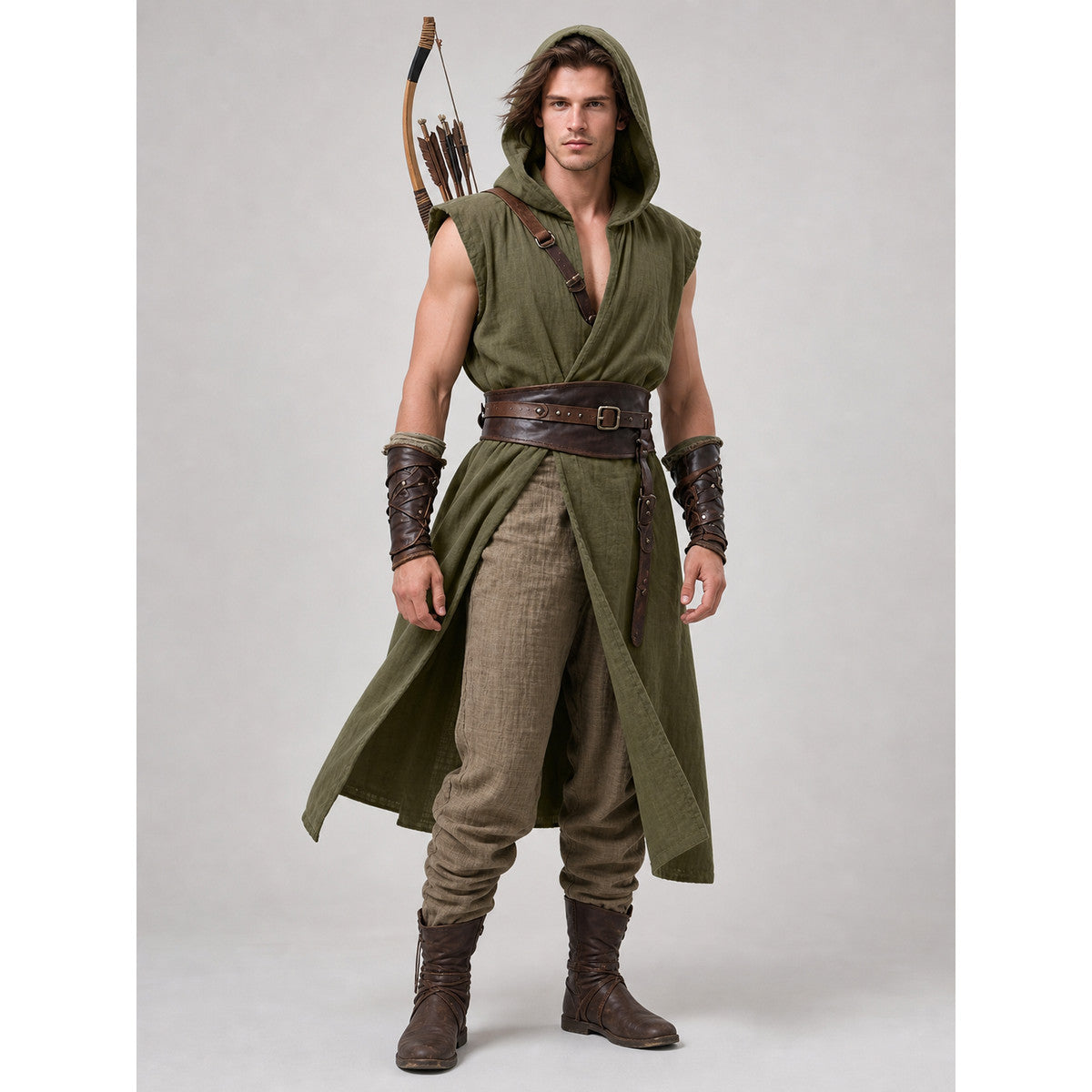 Medieval Cosplay Hooded Tunic with Belt on-model view