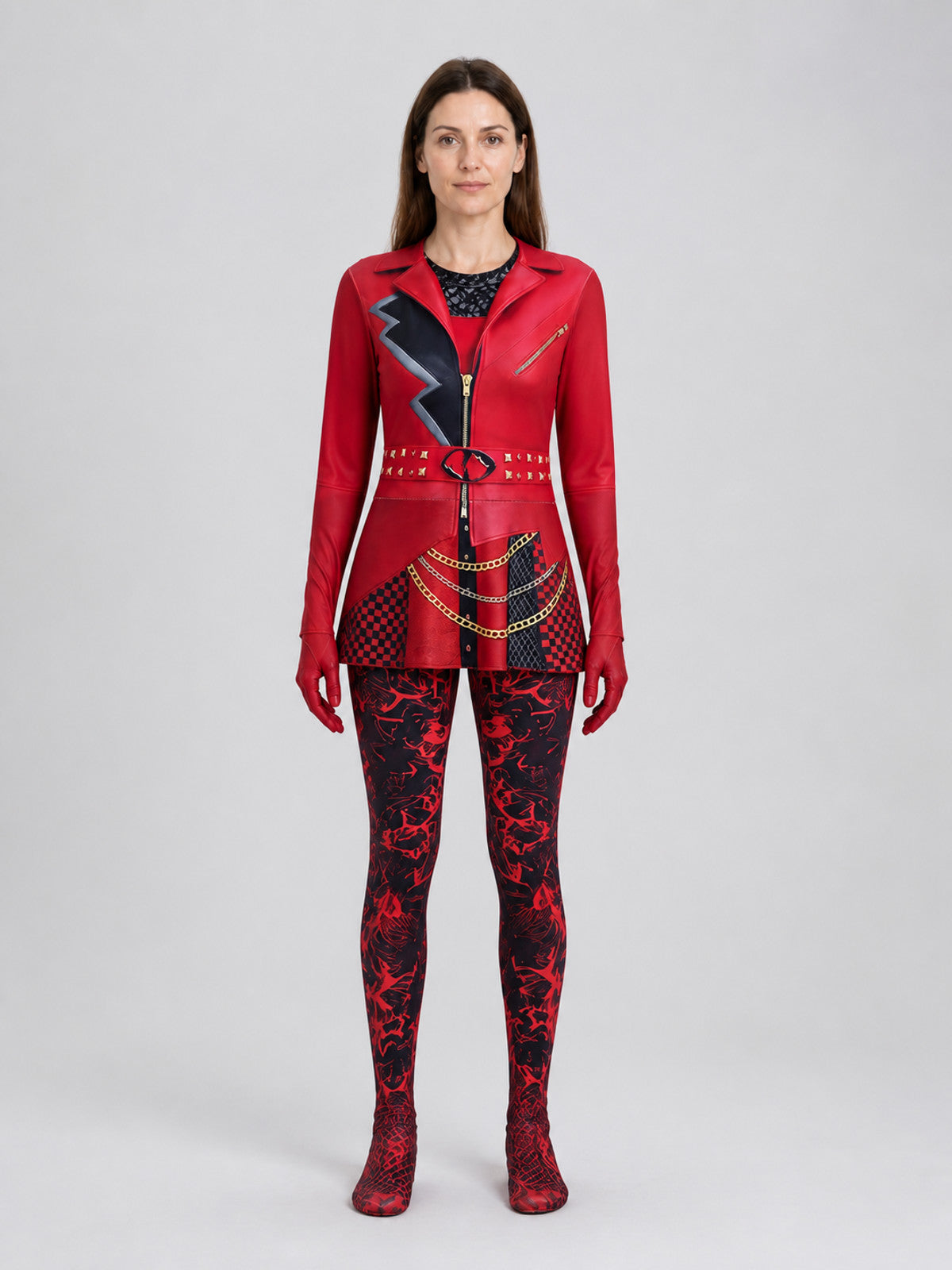 Red Cosplay Jumpsuit from Descendants 5, Red and Black on-model view