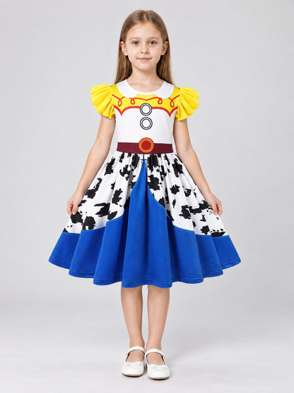 A-Line Children's Dress with Yellow Puff Sleeves on-model view
