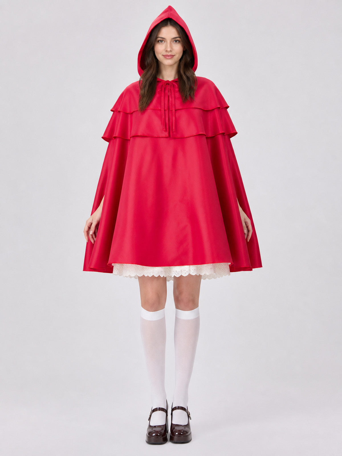 Red Hooded Cape with Triple Ruffles front view