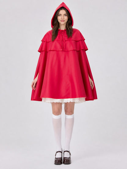 Red Hooded Cape with Triple Ruffles front view