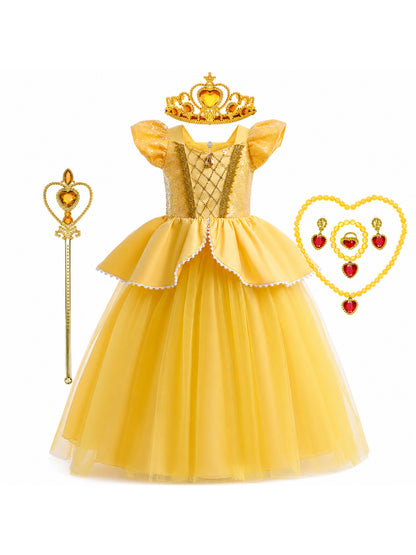 Girls Belle Princess Dress Beauty and the Beast Sequin Tulle Gown Kids Birthday main product view