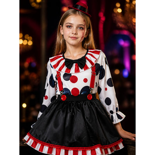 Women's Clown Costume Set, Red White Striped Top with Bow Tie, Skirt and Hat on-model view