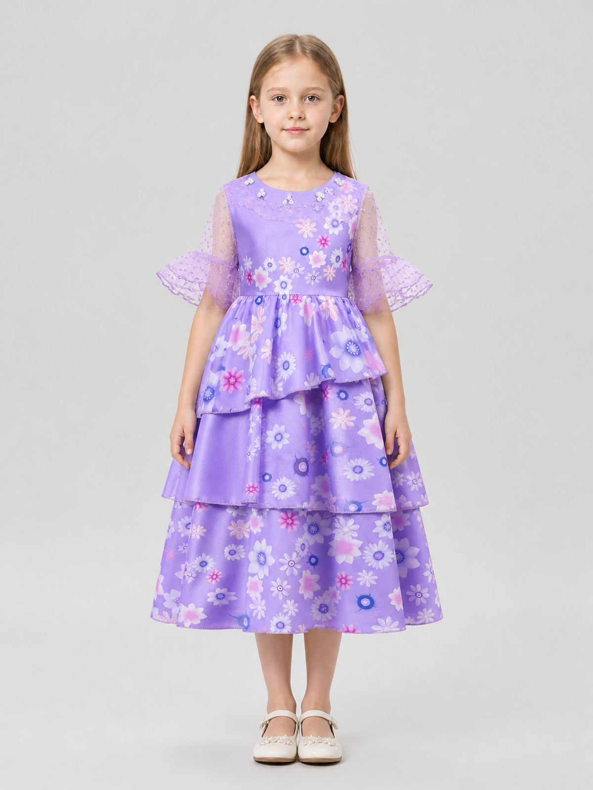 Children's Fancy Purple Cosplay Dress with Ruffles on-model view