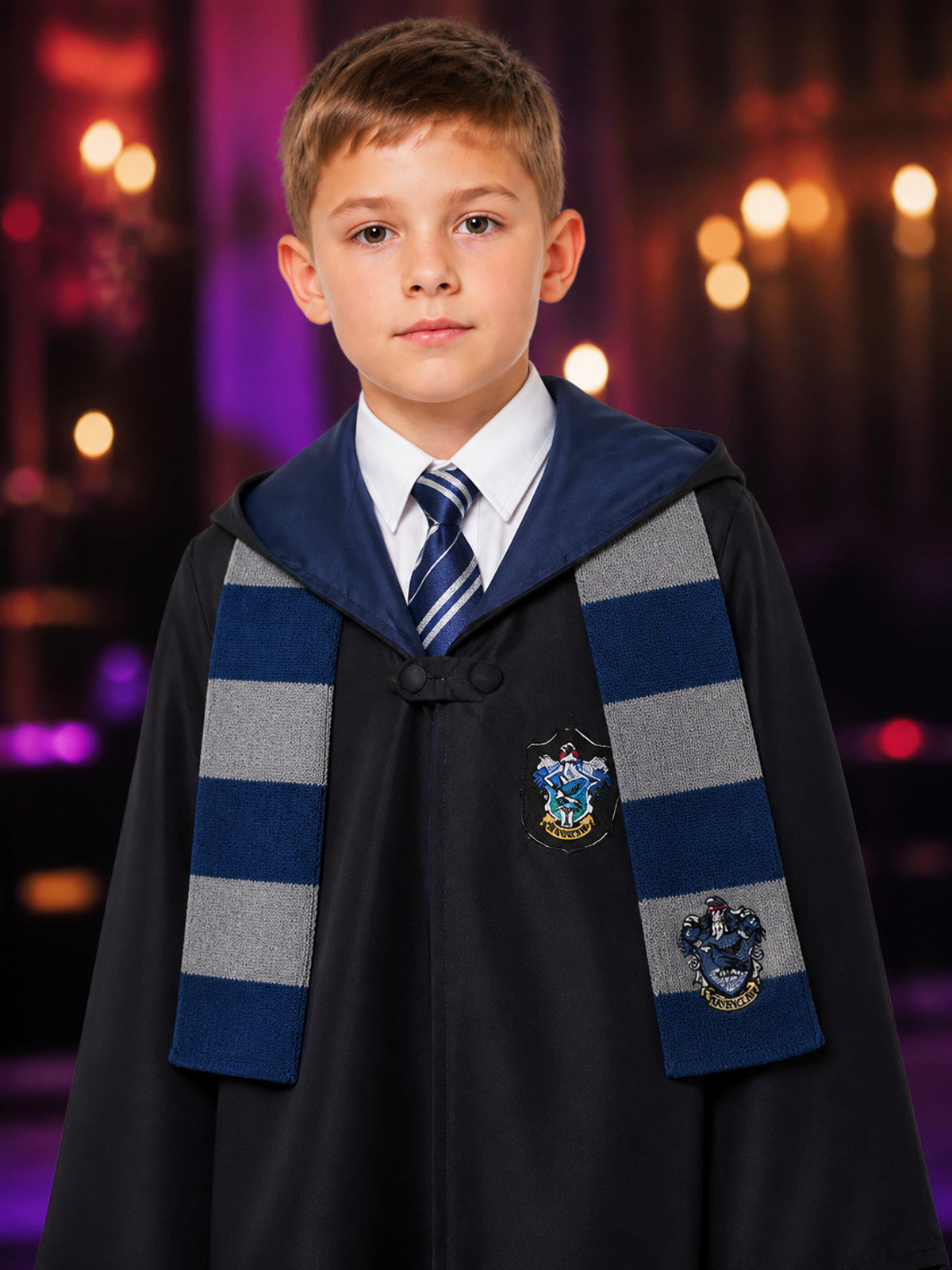 Wizard Academy Hooded Robe Costume Set with Striped Tie and Scarf on-model view
