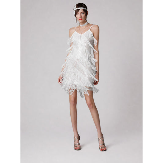 White 1920s-Style Fringe Dress for a Party