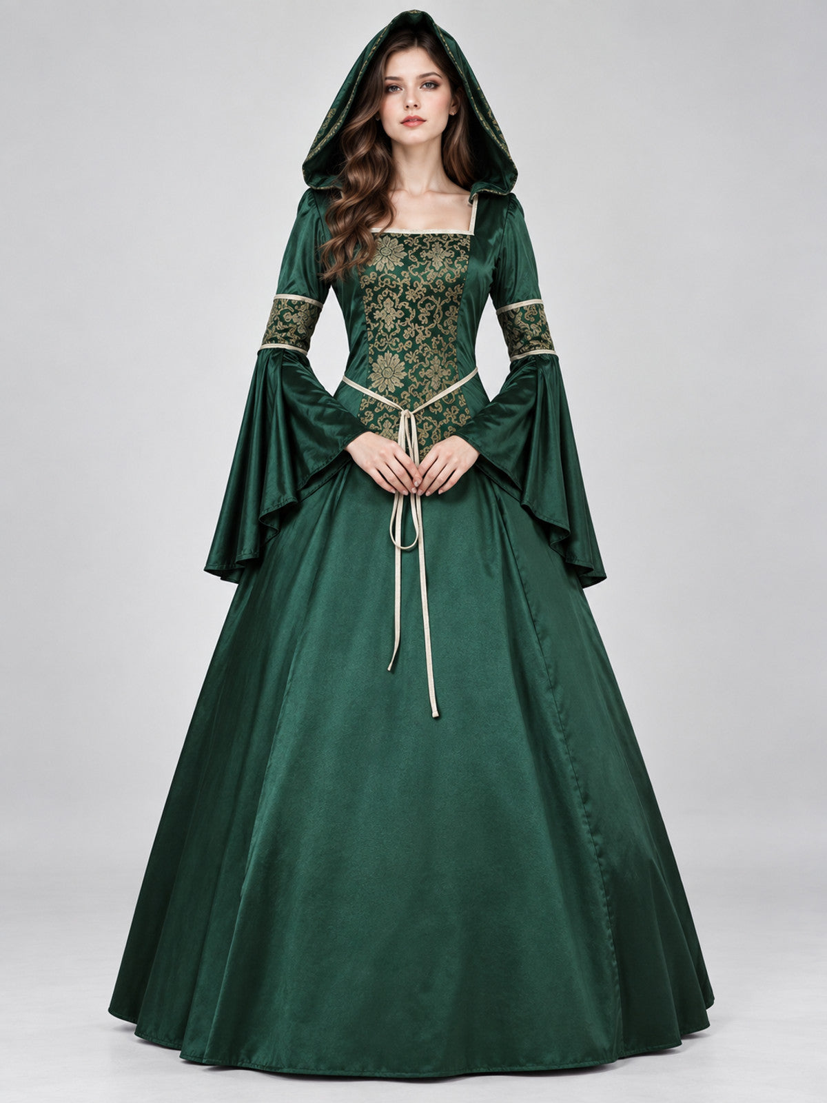 Green Gothic-Style Dress with Hood and Lacing