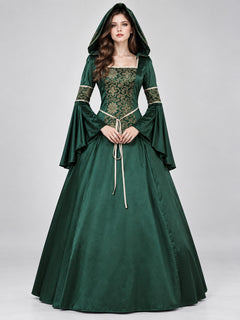 Green Gothic-Style Dress with Hood and Lacing