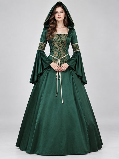 Green Gothic-Style Dress with Hood and Lacing