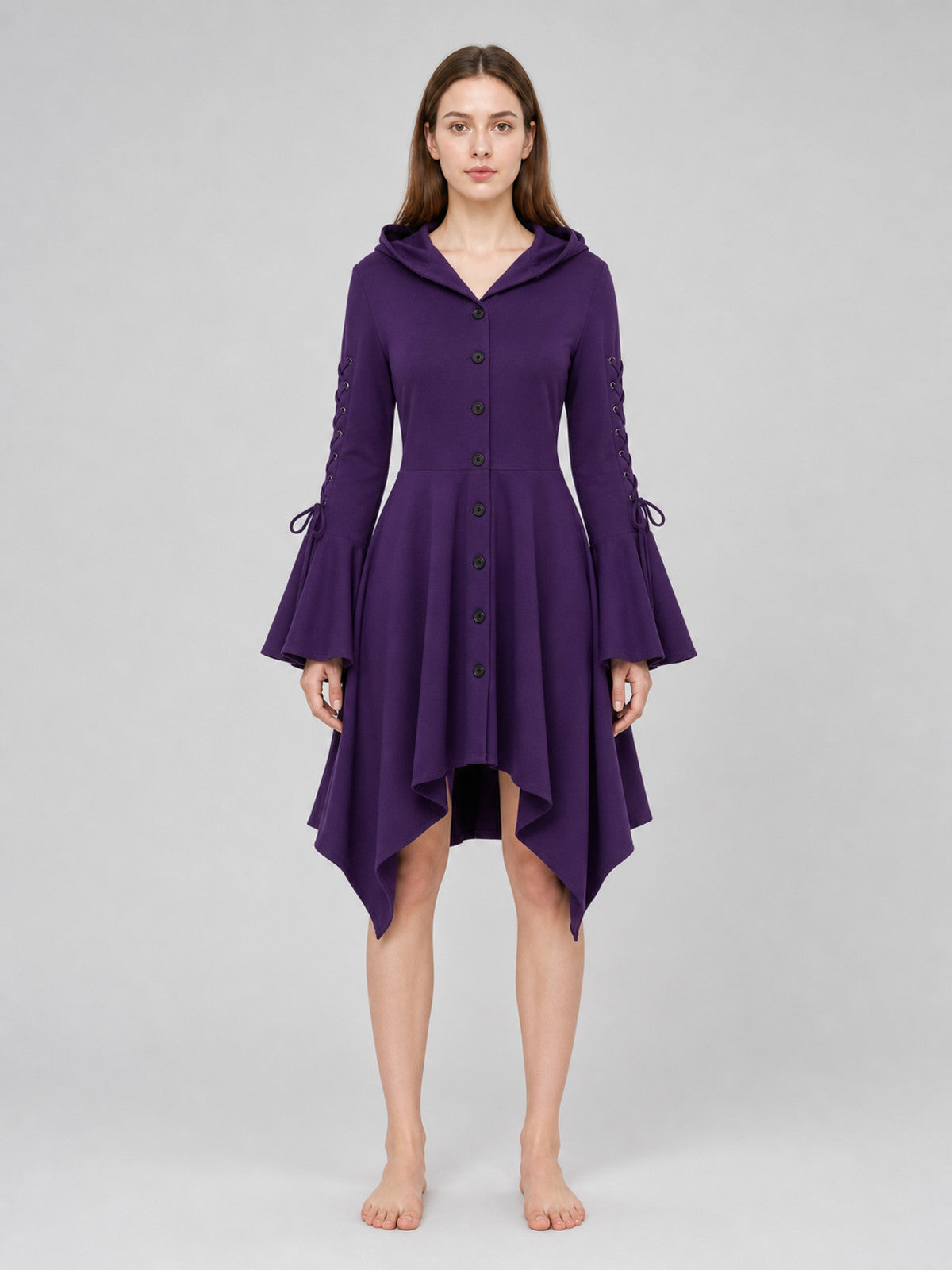 Gothic Hooded Dress with Flare and Asymmetry front view