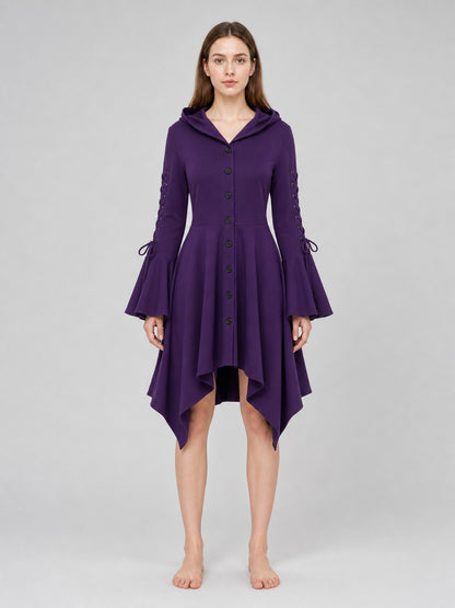 Gothic Hooded Dress with Flare and Asymmetry front view