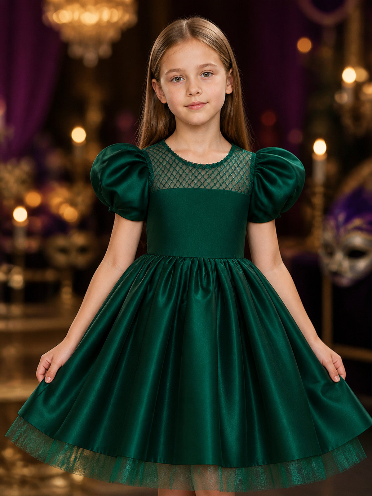 Girls' Dark Green Princess Dress with Puff Sleeves and Tulle Hem on-model view