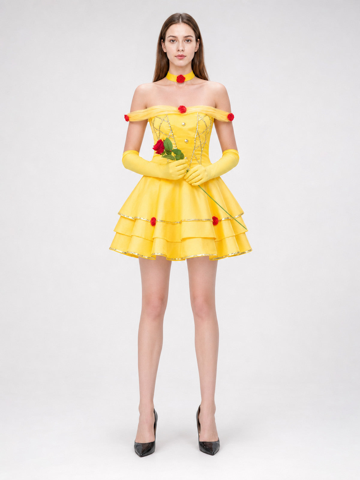 Belle Stage Dress with Roses and Gold Trim on-model view