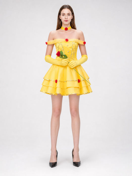 Belle Stage Dress with Roses and Gold Trim on-model view