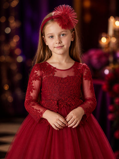 Girls' Burgundy Princess Dress, Embroidered Tulle Long Sleeve Flower Girl Gown on-model view