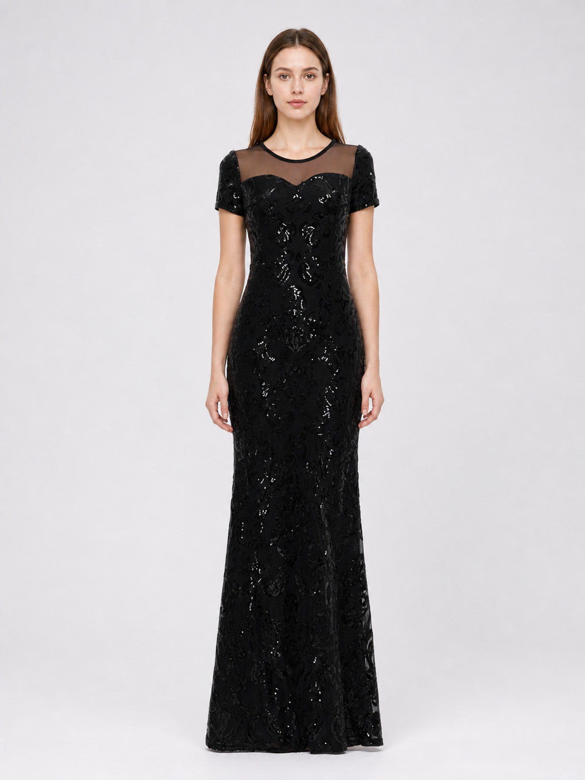 Long Sequin Evening Dress, Black front view