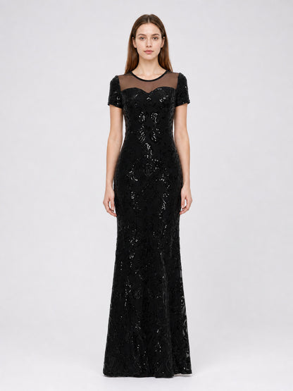 Long Sequin Evening Dress, Black front view