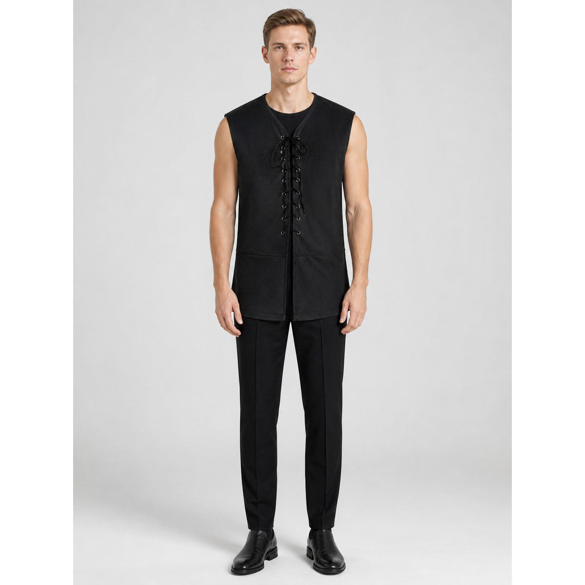 Black Long Lace-Up Vest with V-Neck on-model view
