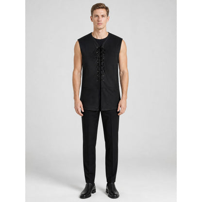 Black Long Lace-Up Vest with V-Neck on-model view