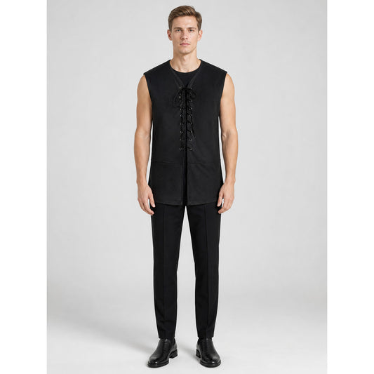 Black Long Lace-Up Vest with V-Neck on-model view