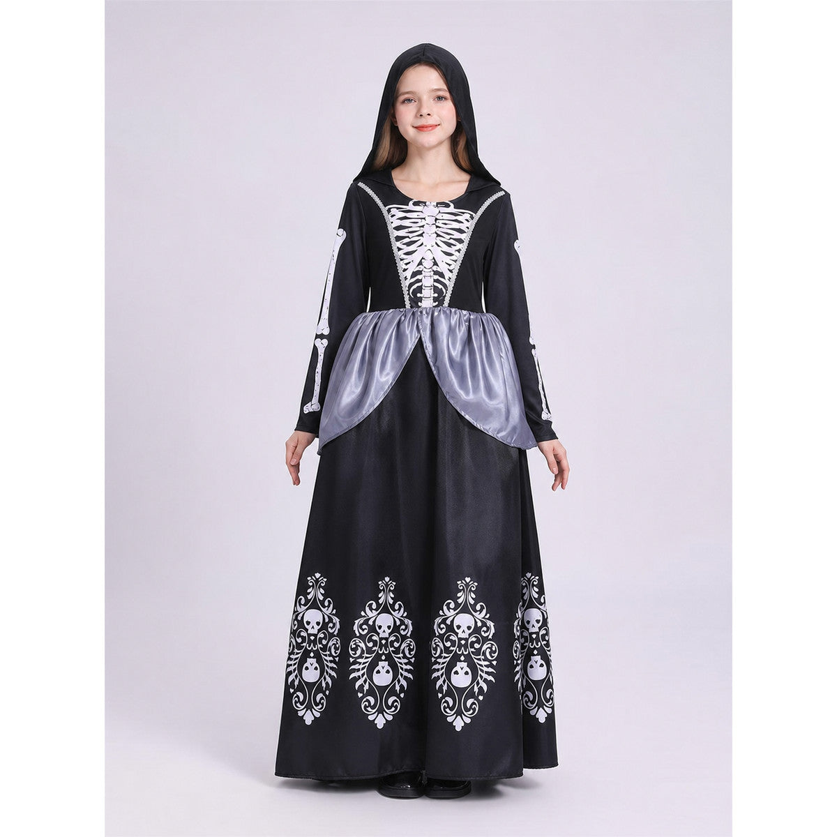 Hooded Cosplay Dress with Skeleton Print