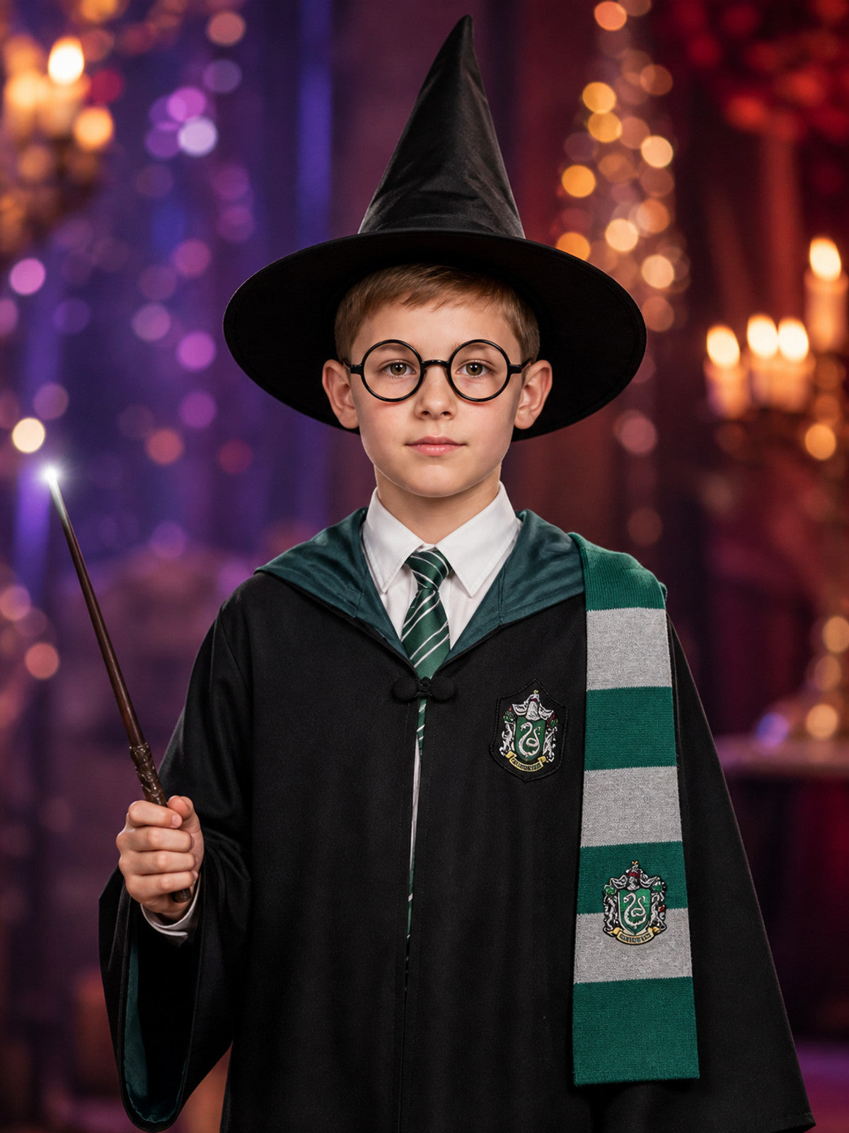 Green And Black Hooded Wizard Robe Costume Set With Hat, Glasses, Tie, Scarf And on-model view
