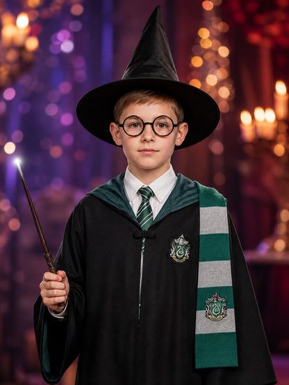 Green And Black Hooded Wizard Robe Costume Set With Hat, Glasses, Tie, Scarf And on-model view