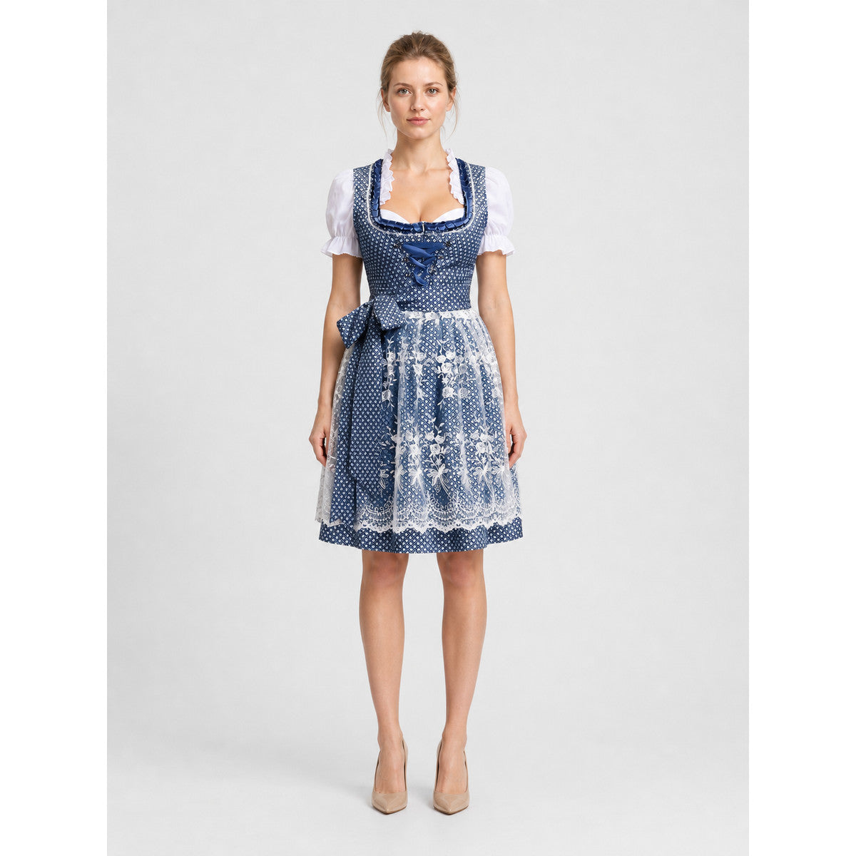 Traditional Bavarian Blue and White Dress with Lace on-model view