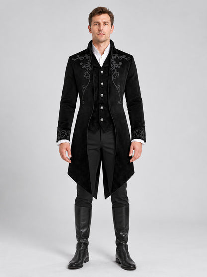 Long Black Tailcoat with High Collar and Embroidery