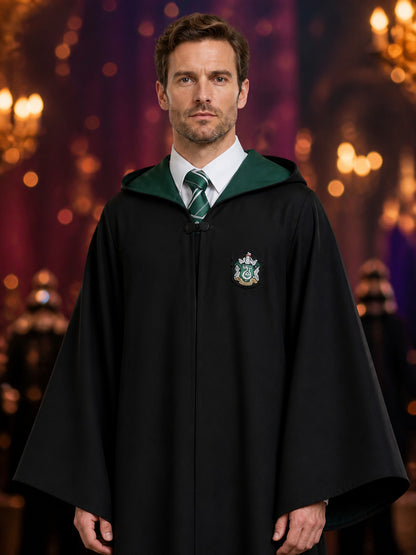 Wizard Costume Set, Hooded Robe With Striped Tie and Embroidered Badge on-model view