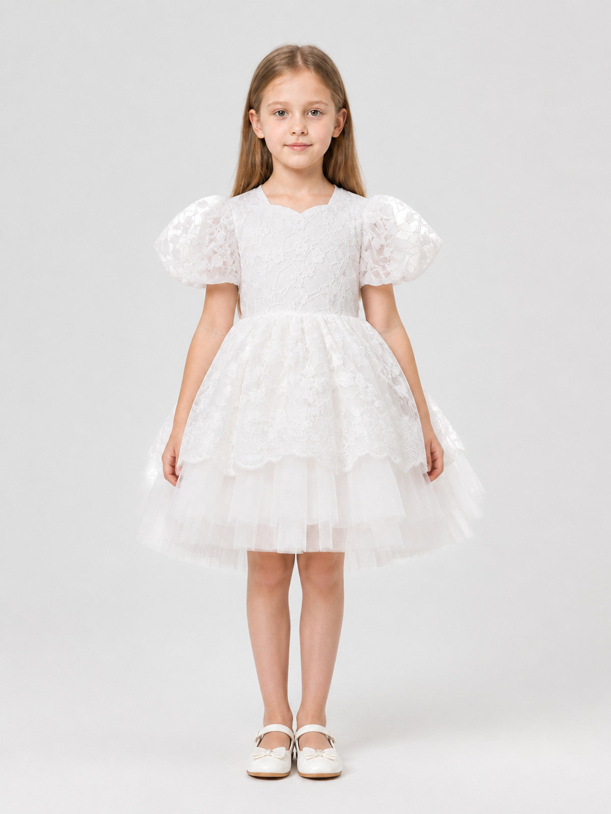 White Princess Dress for Girls with Lace and Full Skirt on-model view