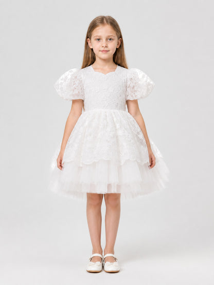 White Princess Dress for Girls with Lace and Full Skirt on-model view