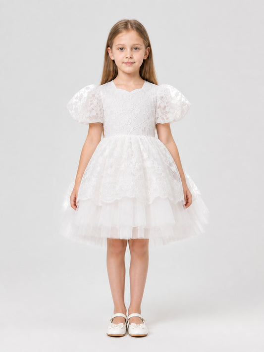 White Princess Dress for Girls with Lace and Full Skirt on-model view