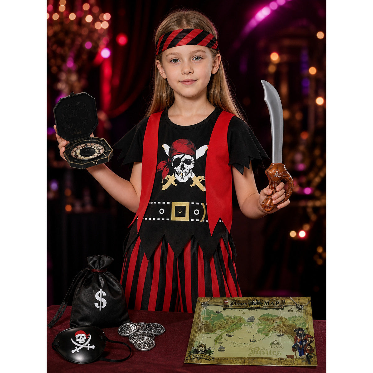 Kids Pirate Costume Set with Skeleton Print, Eye Patch & Halloween Accessories on-model view