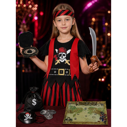 Kids Pirate Costume Set with Skeleton Print, Eye Patch & Halloween Accessories on-model view