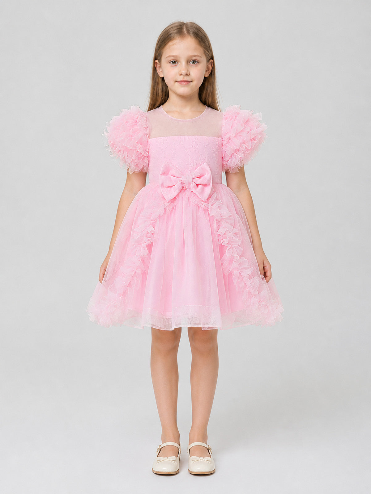 Pink Tutu Dress for Girls with Bow and Lace Trim on-model view