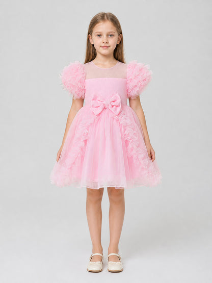 Pink Tutu Dress for Girls with Bow and Lace Trim on-model view
