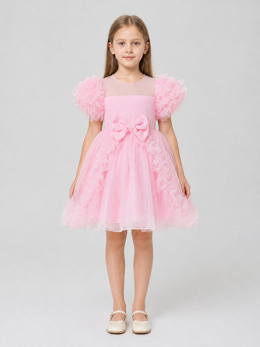 Pink Tutu Dress for Girls with Bow and Lace Trim on-model view