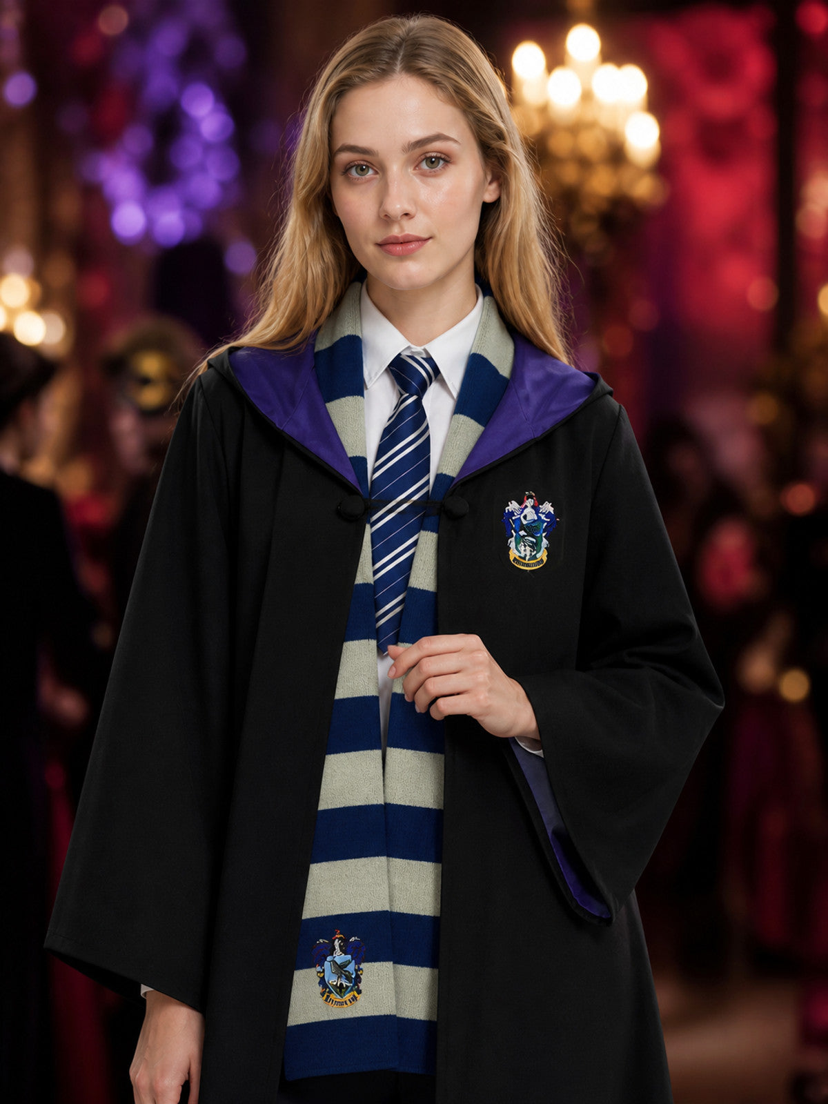 Ravenclaw Hooded Wizard Robe Costume Set with Striped Tie and Scarf, Halloween
